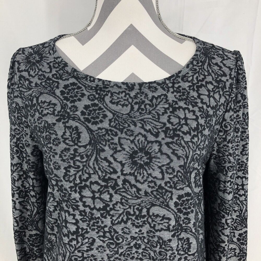 Loft Floral Jacquard Cutout Back Top Gray Black Long Sleeve Blouse Medium